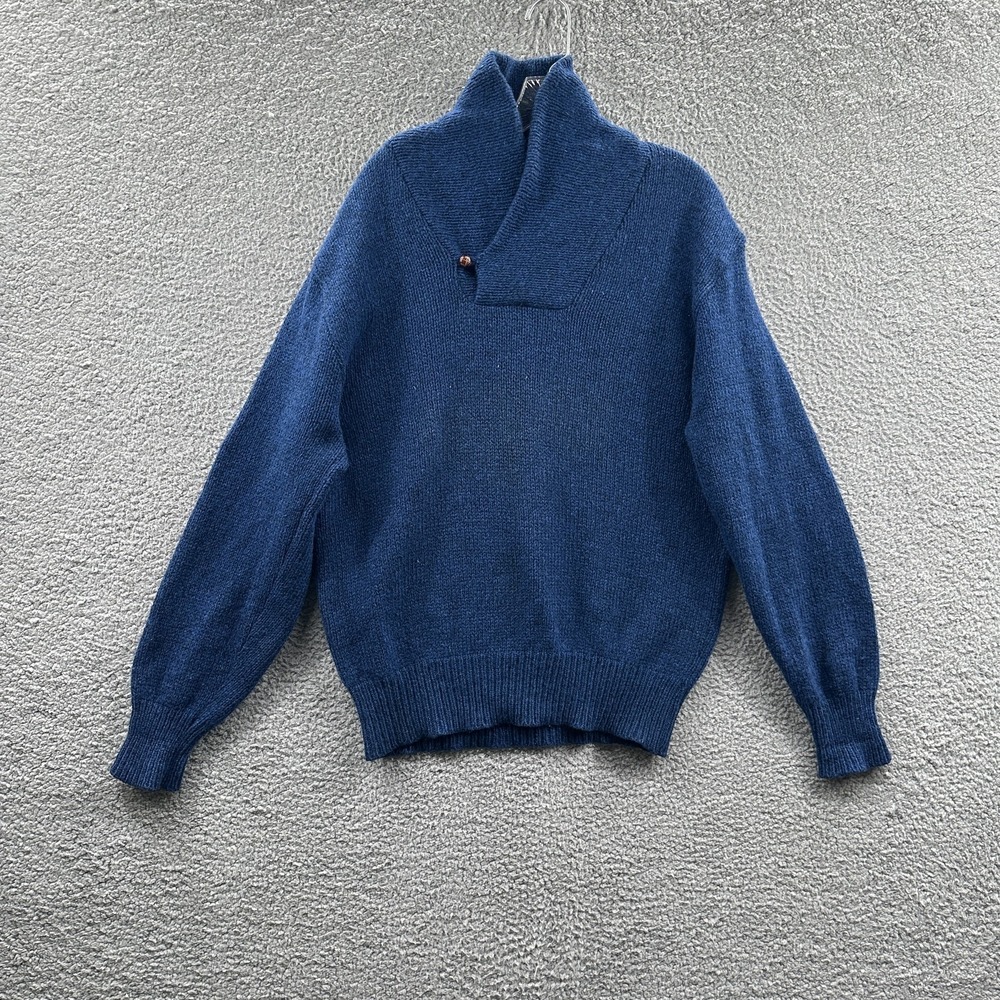 Vtg LL Bean Mens Sweater Large Blue Wool Shawl Collar Heritage Cabin Outdoor